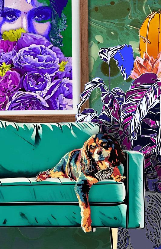 a king charles cavalier on a green couch that's placed in front of a picture called Quiet Power