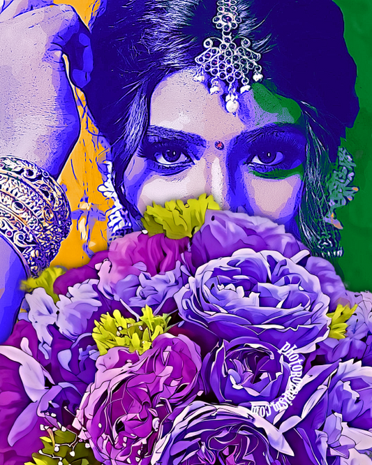 Indian woman eyes behind a bouquet of flowers